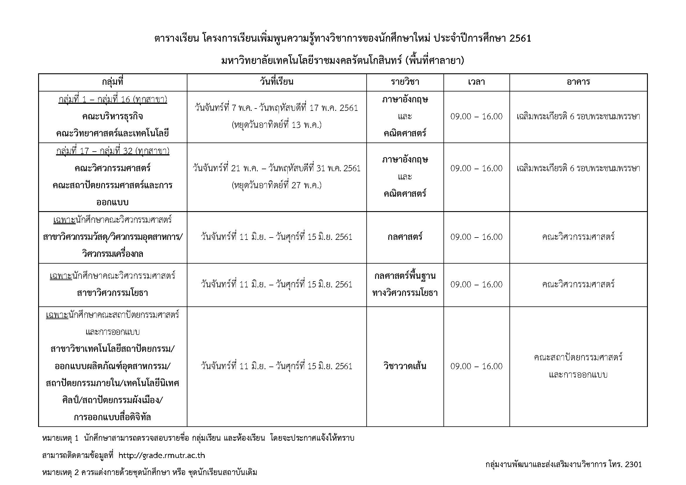 ตารางเรียนเพิ่มพูนความรู้ทางวิชาการของนักศึกษาใหม่ ประจำปีการศึกษา 2561 มหาวิทยาลัยเทคโนโลยีราชมงคลรัตนโกสินทร์ (พื้นที่ศาลายา)