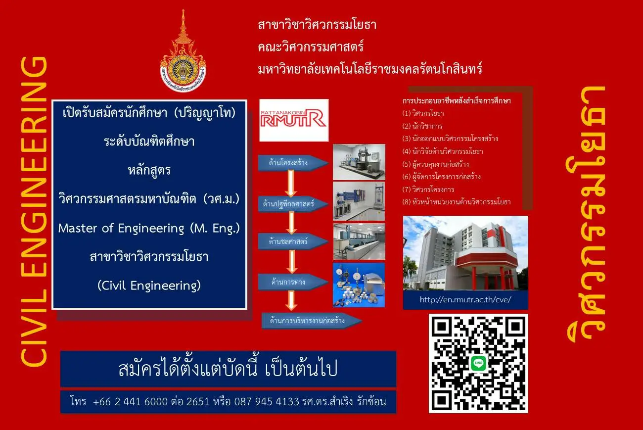 สาขาวิชาวิศวกรรมโยธา เปิดรับสมัครนักศึกษาใหม่ ระดับบัณฑิตศึกษา (ปริญญาโท) หลักสูตรวิศวกรรมศาสตรมหาบัณฑิต (วศ.ม.) เปิดรับสมัครตั้งแต่บัดนี้เป็นต้นไป
