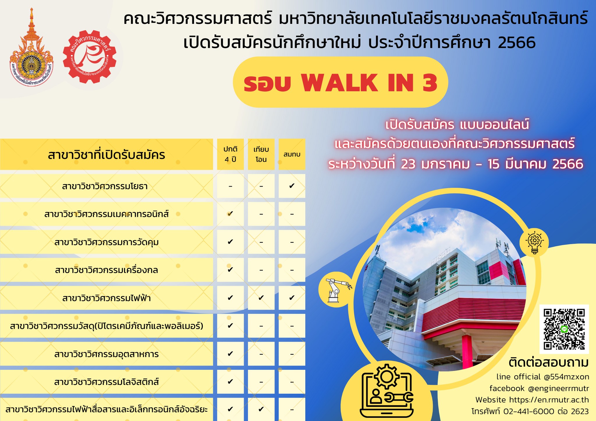 คณะวิศวกรรมศาสตร์ มหาวิทยาลัยเทคโนโลยีราชมงคลรัตนโกสินทร์ พื้นที่ศาลายา เปิดรับนักศึกษาใหม่ รอบ Walk-in 3 ประจำปีการศึกษา 2566 ระหว่างวันที่  23 มกราคม – 15 มีนาคม 2566