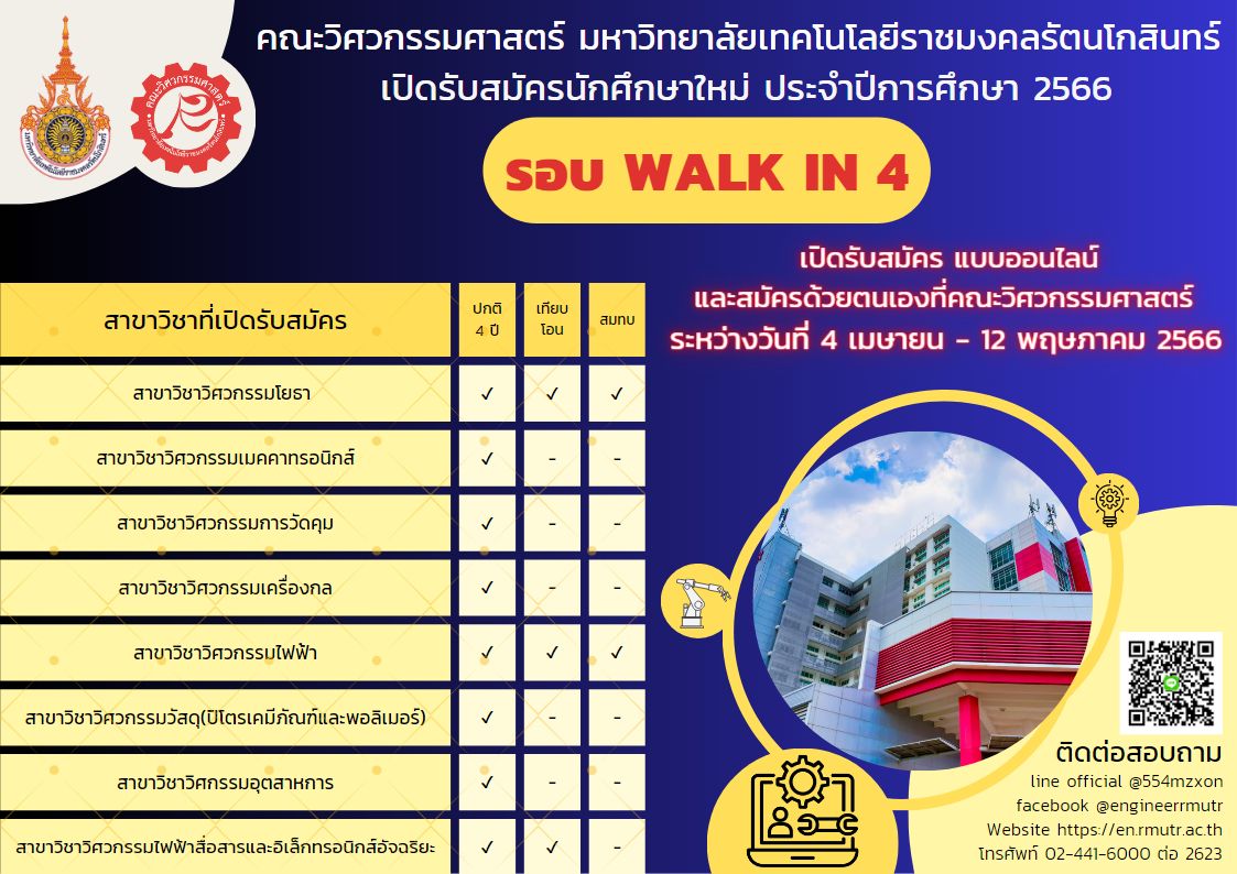 คณะวิศวกรรมศาสตร์ มหาวิทยาลัยเทคโนโลยีราชมงคลรัตนโกสินทร์ พื้นที่ศาลายา เปิดรับนักศึกษาใหม่ รอบ Walk-in 4 ประจำปีการศึกษา 2566 ระหว่างวันที่ 4 เมษายน – 12 พฤษภาคม 2566