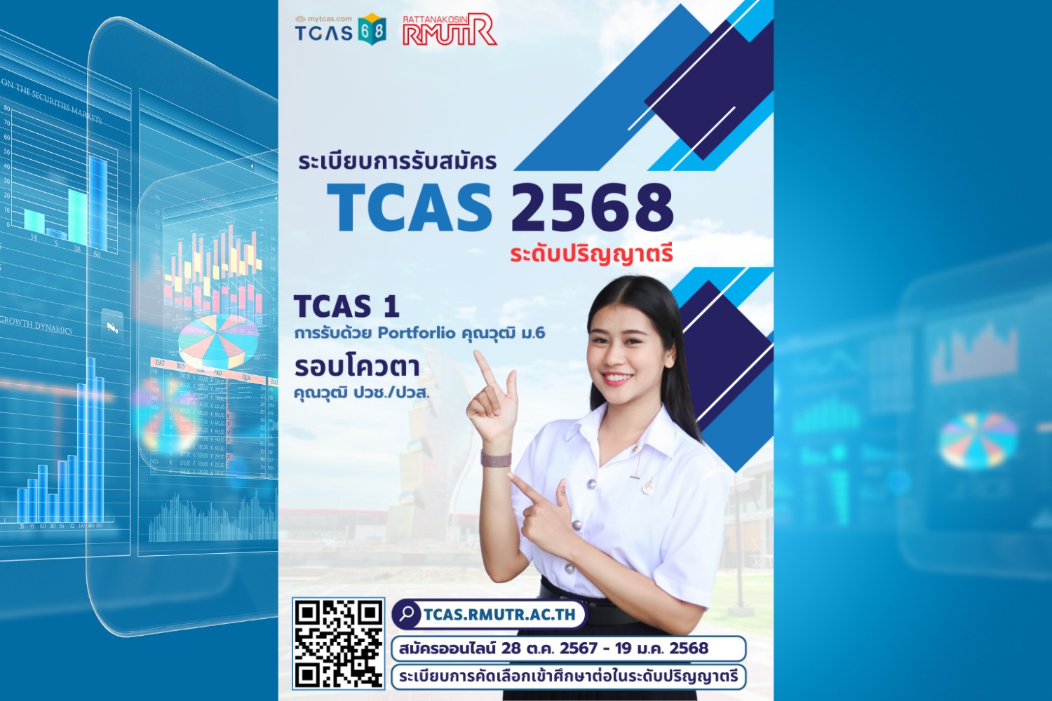 มทร.รัตนโกสินทร์ เปิดรับสมัครนักศึกษาใหม่ ประจำปีการศึกษา 2568 รอบ TCAS 1 การรับด้วย Portfolio สำหรับคุณวุฒิ ม.6 และรอบโควตา สำหรับคุณวุฒิ ปวช./ปวส. ระหว่างวันที่ 28 ตุลาคม 2567 – 19 มกราคม 2568